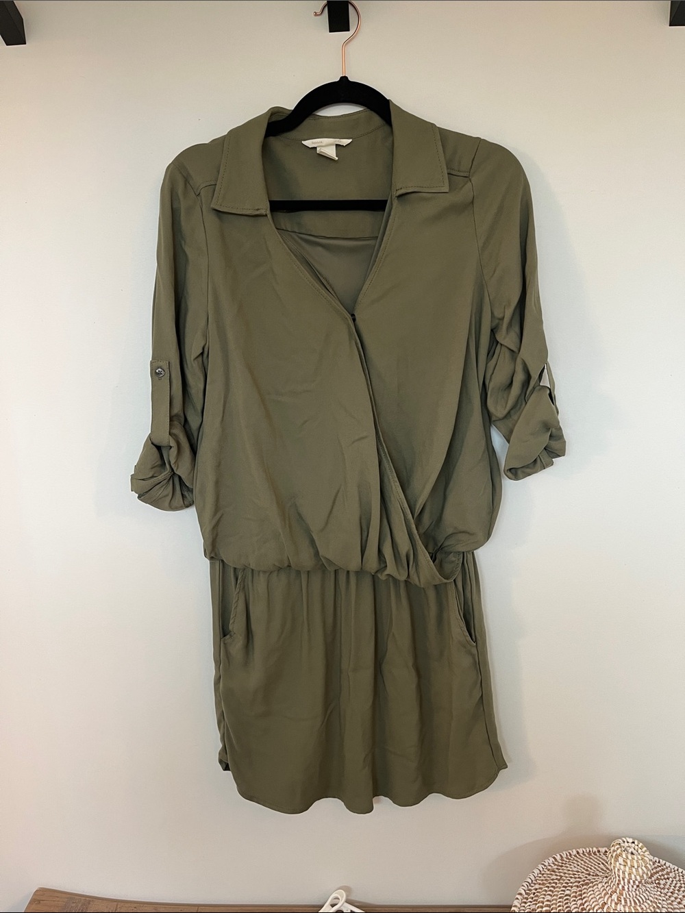 H&M Olive Green Long-Sleeve Faux-Wrap Shirt Dress